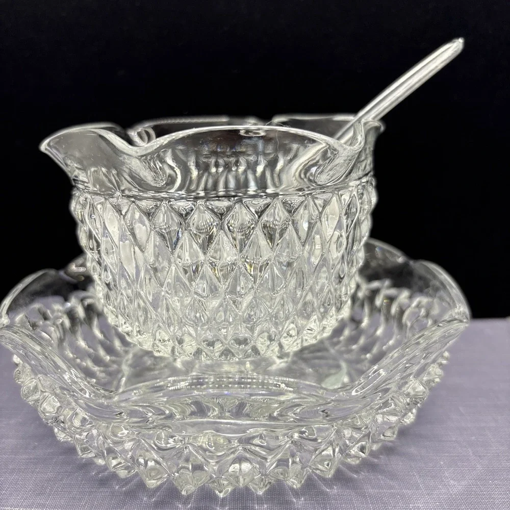 VINTAGE INDIANA GLASS‎ DIAMOND POINT 3 PC MAYO SAUCE SET IN THE BOX